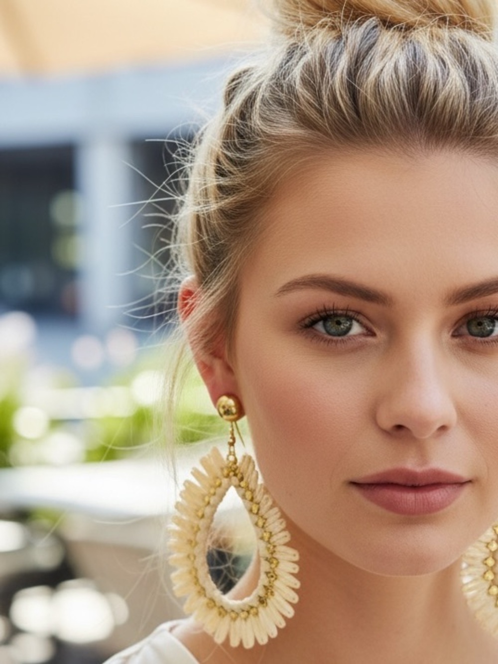 Boho Raffia Oval Hoop Earrings Gold Bead Detail Statement Straw Fringe Dangles